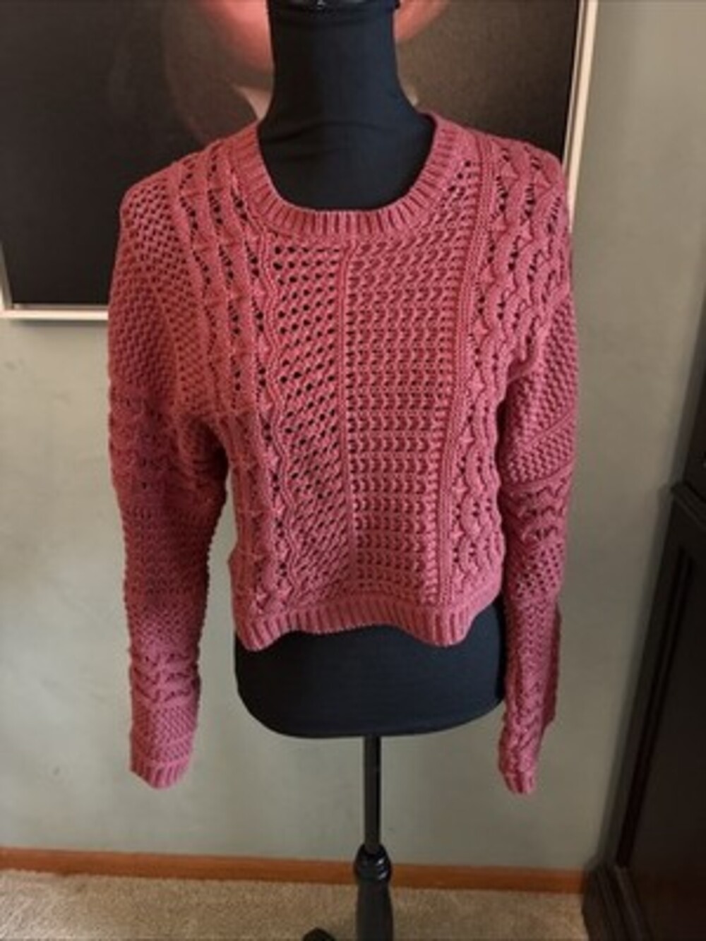 MADEWELL $110 Cotton Crochet-Knit Crop Antique Rose Sweater Med A155